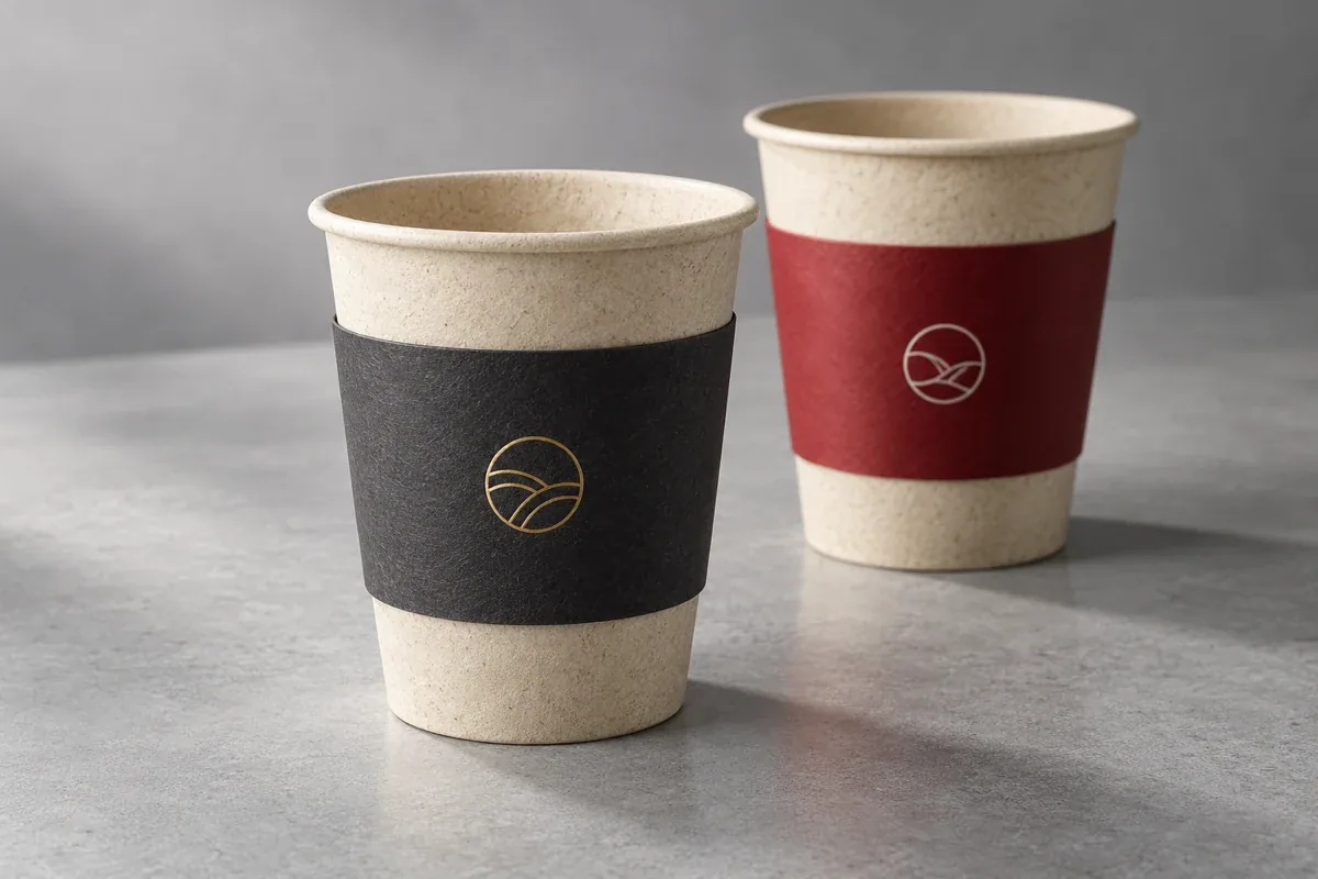 Concept: fibre cups with individually branded paper sleeves