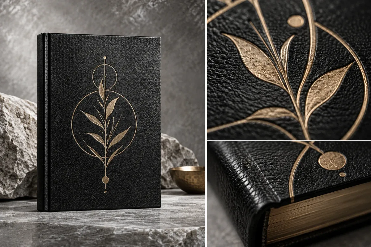 Detail of a gold foil concept on textured leather